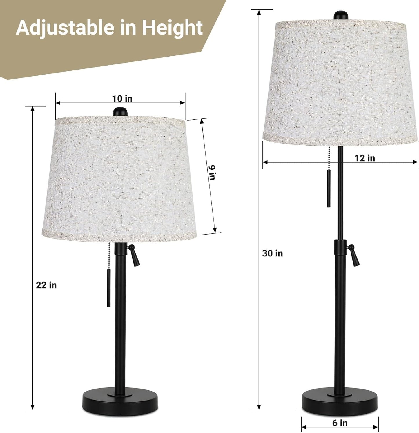 Bedside Table Lamps Set of 2: 22" to 30" Height Adjustable | 3-Way Dimmable Modern Nightstand Lamps with Fabric Lampshade, Pull Chain Lamps for Living Room Bedrooms (Bulbs Included)