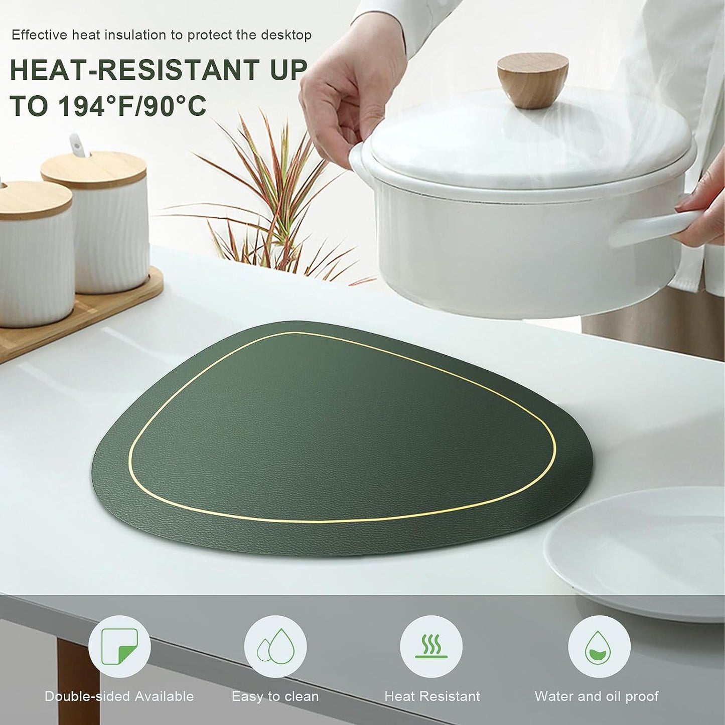 Double-Sided Leather Placemats Set of 6 Washable Heat Resistant Placemats with Coasters Waterproof Oil-Proof Wipeable Place Mats for Kitchen Table Dining Patio Indoor Outdoor Table Mats-Green