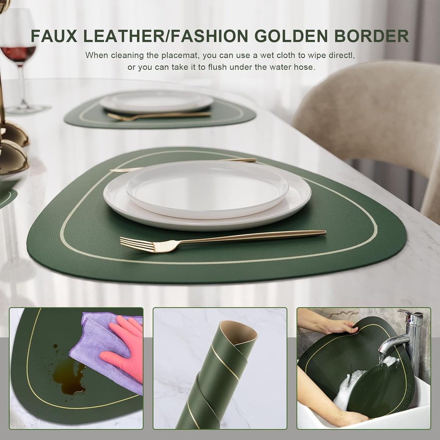 Double-Sided Leather Placemats Set of 6 Washable Heat Resistant Placemats with Coasters Waterproof Oil-Proof Wipeable Place Mats for Kitchen Table Dining Patio Indoor Outdoor Table Mats-Green