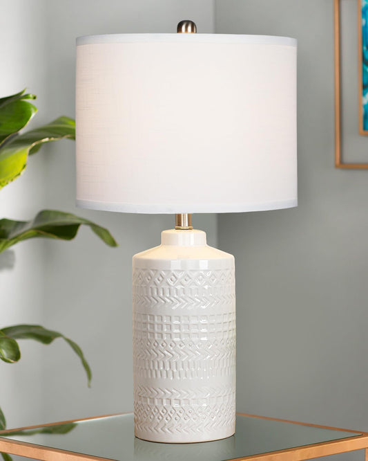 Ceramic Table Lamp 24.5": 3-Way Dimmable Nightstand Lamp with White Slub Shade | Modern Bedside Lamp | Farmhouse Lamps for Bedrooms & Living Room & Office (Bulb Included)