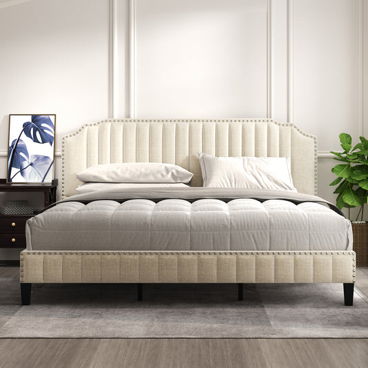 King Size Modern Linen Curved Upholstered Platform Bed , Solid Wood Frame , Nailhead Trim