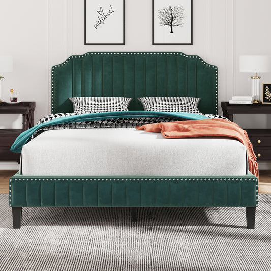 Queen Size Modern Linen Curved Upholstered Platform Bed , Solid Wood Frame , Nailhead Trim