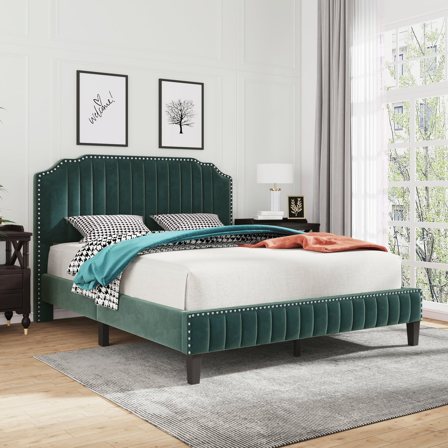 Queen Size Modern Linen Curved Upholstered Platform Bed , Solid Wood Frame , Nailhead Trim