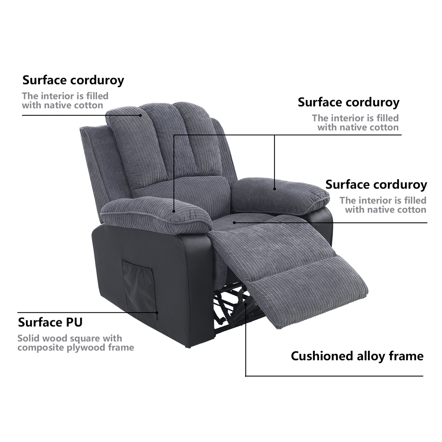 Corduroy + black pu ergonomic electric flat sofa with 8-point massage and heating function, thickened armrests and backrest single sofa chair for the elderly, bedroom, living room