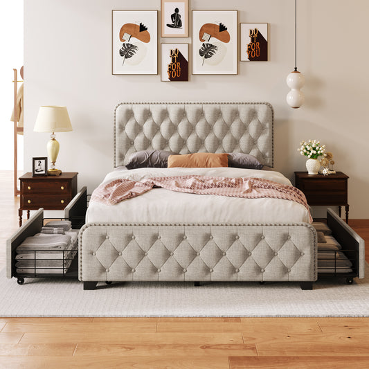Full Size, Upholstered Platform Bed Frame with Four Drawers, Button Tufted Headboard and Footboard Sturdy Metal Support, No Box Spring Required.