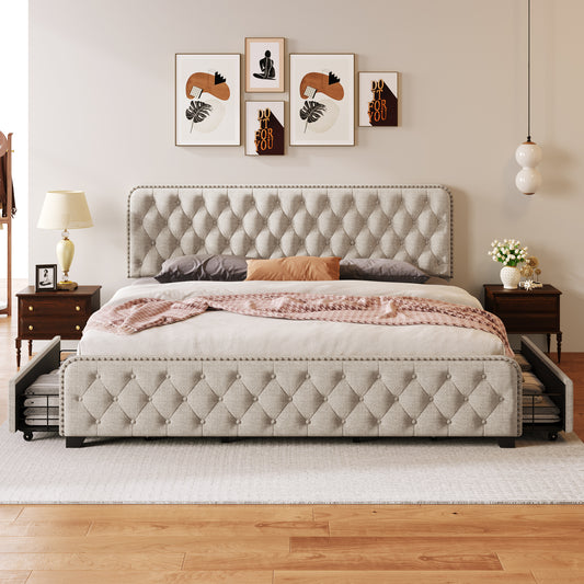 King Size, Upholstered Platform Bed Frame with Four Drawers, Button Tufted Headboard and Footboard Sturdy Metal Support, No Box Spring Required.
