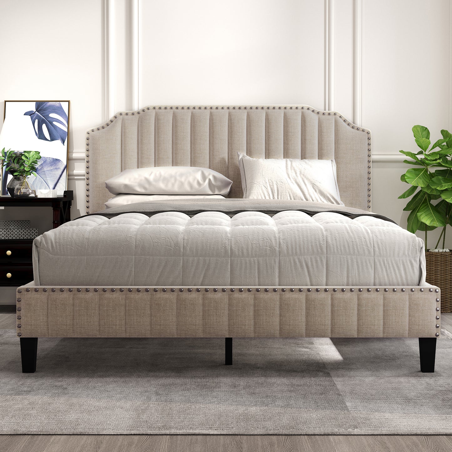 Queen Size Modern Linen Curved Upholstered Platform Bed , Solid Wood Frame , Nailhead Trim