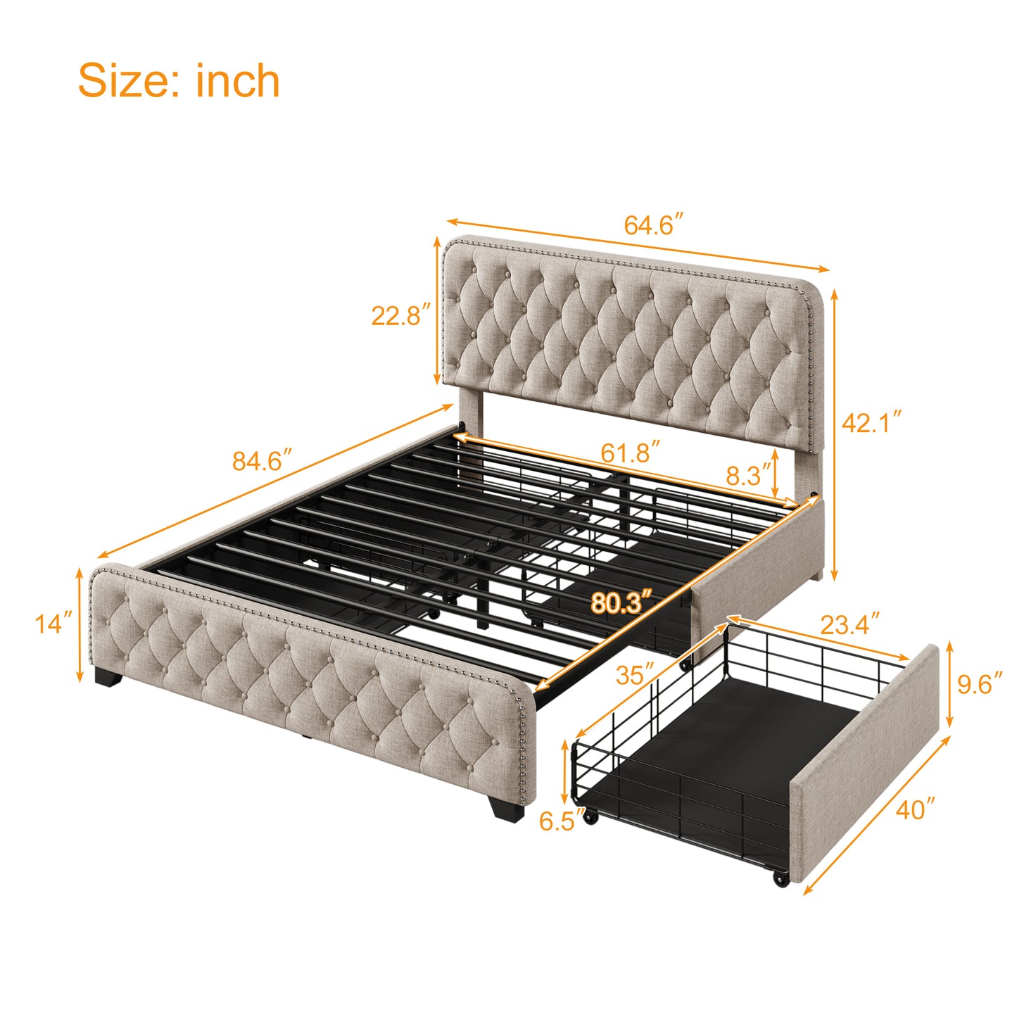 Queen Size, Upholstered Platform Bed Frame with Four Drawers, Button Tufted Headboard and Footboard Sturdy Metal Support, No Box Spring Required.