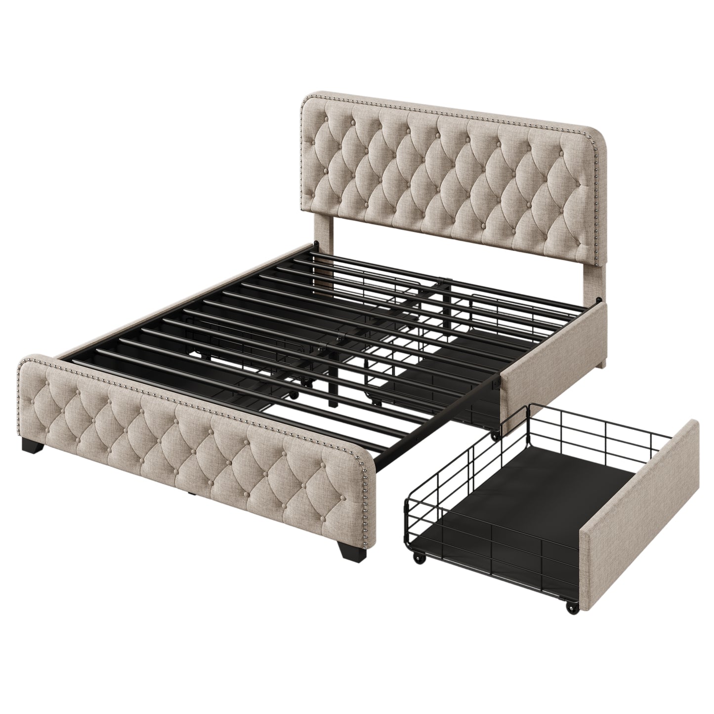Queen Size, Upholstered Platform Bed Frame with Four Drawers, Button Tufted Headboard and Footboard Sturdy Metal Support, No Box Spring Required.