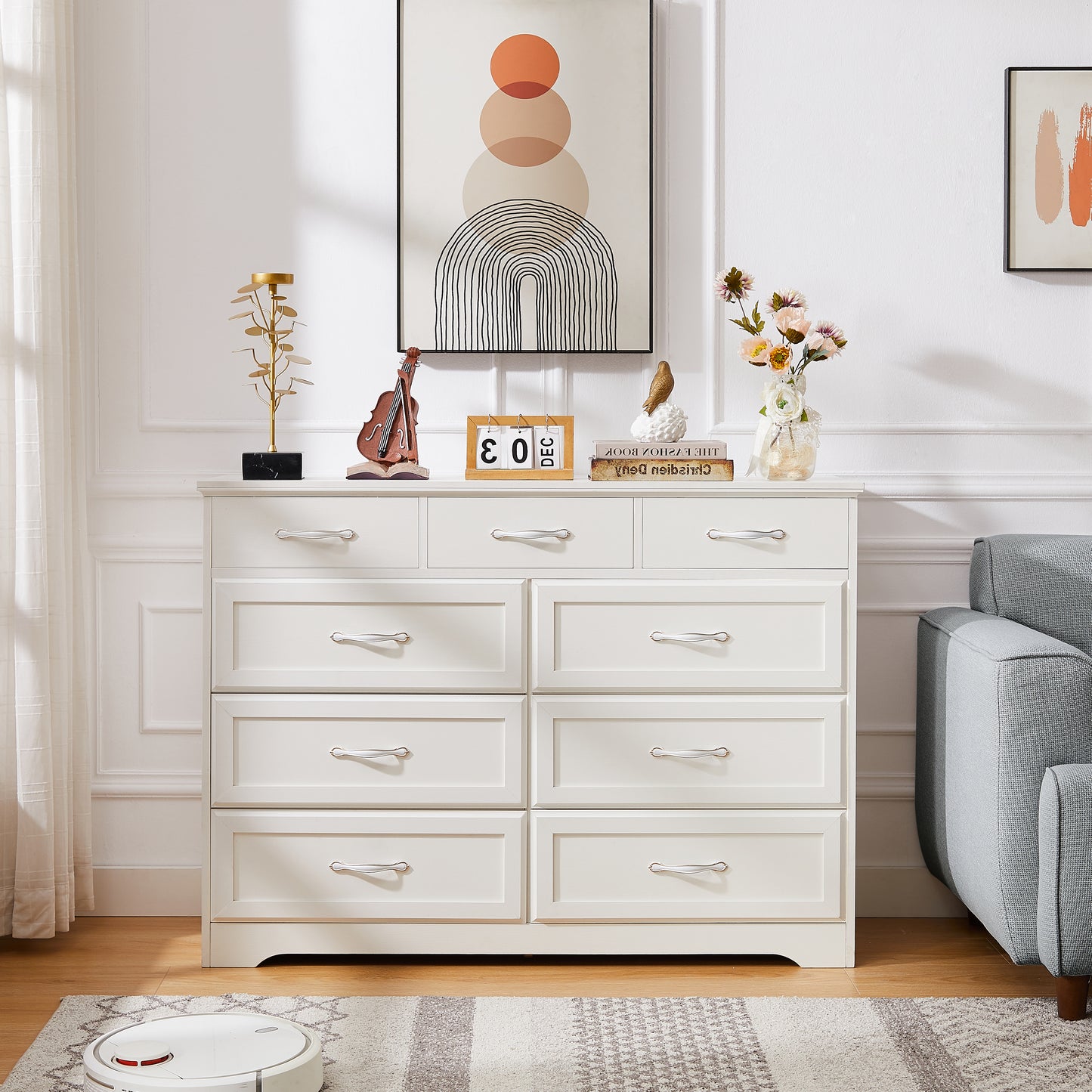 Bedroom dresser, 9 drawer long dresser with antique handles, wood chest of drawers for kids room, living room, entry and hallway, White, 47.2''W x 15.8''D x 34.6''H.