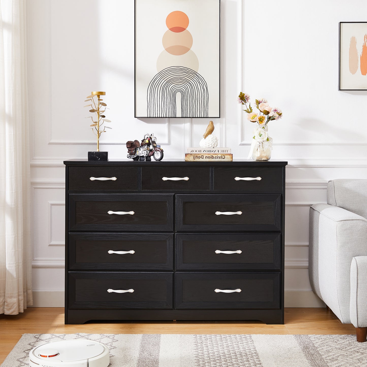 Bedroom dresser, 9 drawer long dresser with antique handles, wood chest of drawers for kids room, living room, entry and hallway, White, 47.2''W x 15.8''D x 34.6''H.