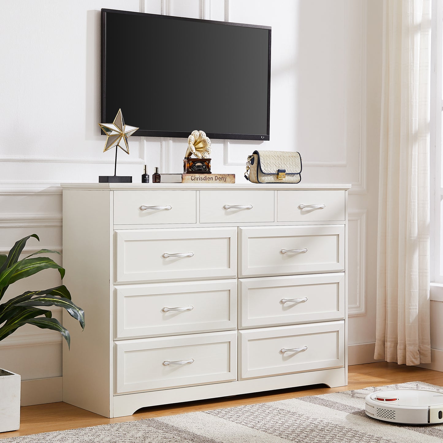 Bedroom dresser, 9 drawer long dresser with antique handles, wood chest of drawers for kids room, living room, entry and hallway, White, 47.2''W x 15.8''D x 34.6''H.