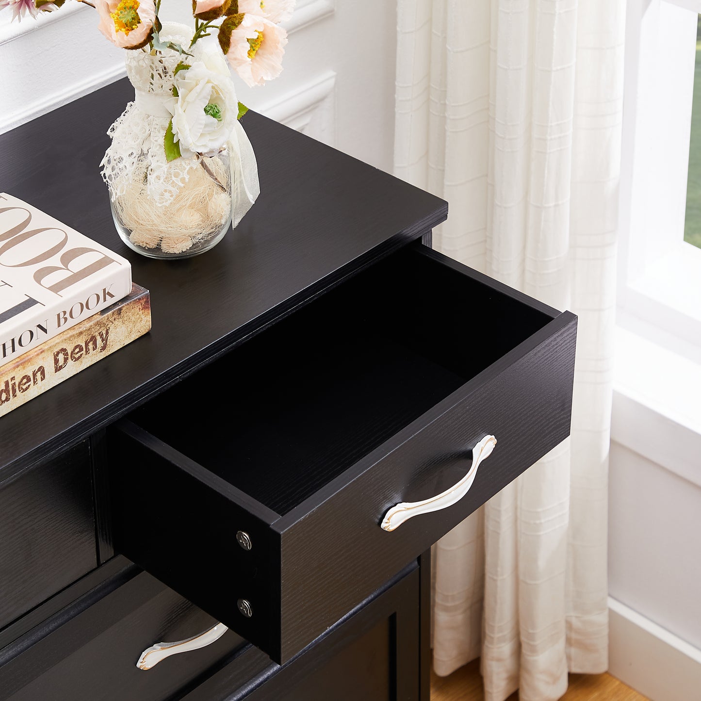 Bedroom dresser, 9 drawer long dresser with antique handles, wood chest of drawers for kids room, living room, entry and hallway, White, 47.2''W x 15.8''D x 34.6''H.