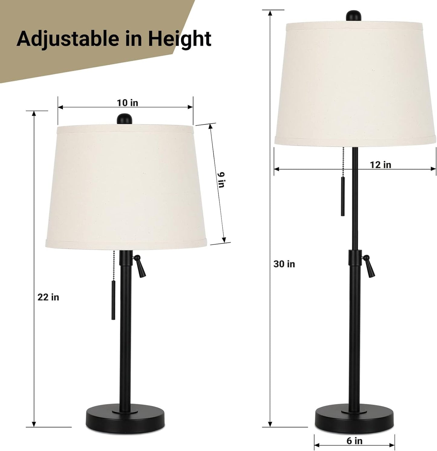Bedside Table Lamps Set of 2: 22" to 30" Height Adjustable | 3-Way Dimmable Modern Nightstand Lamps with Fabric Lampshade, Pull Chain Lamps for Living Room Bedrooms (Bulbs Included)