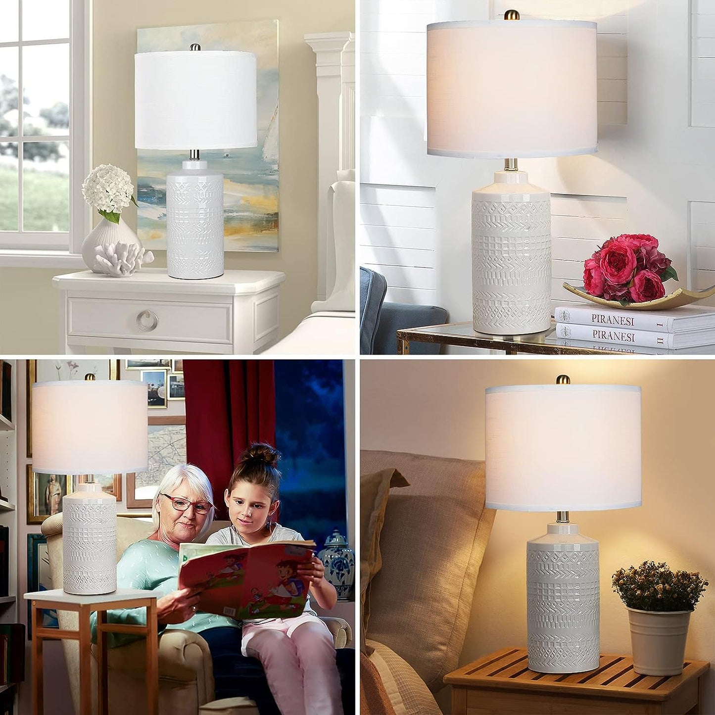 Ceramic Table Lamp 24.5": 3-Way Dimmable Nightstand Lamp with White Slub Shade | Modern Bedside Lamp | Farmhouse Lamps for Bedrooms & Living Room & Office (Bulb Included)