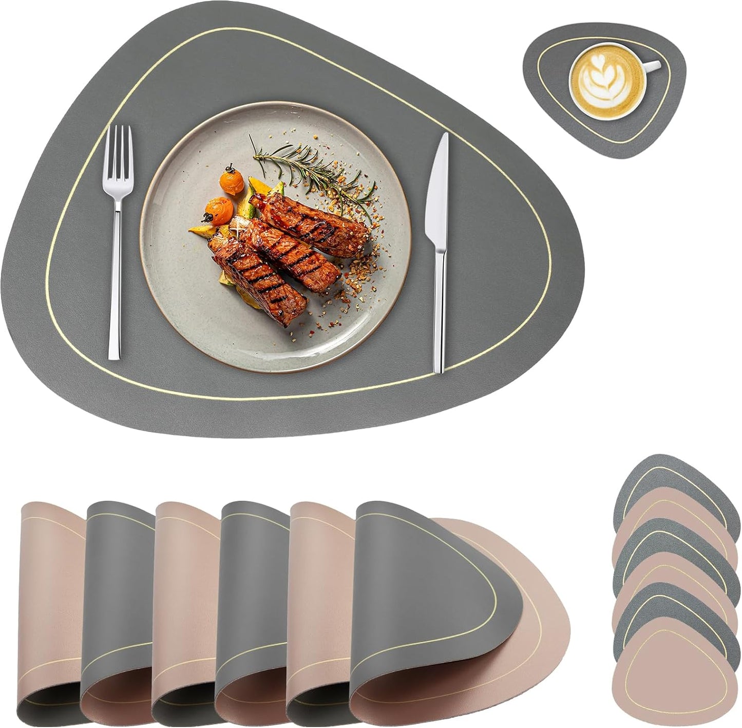 Leather Placemats Set of 6 Double-Sided Washable Heat Resistant Placemats with Coasters Waterproof Oil-Proof Wipeable Place Mats for Kitchen Table Dining Patio Indoor Outdoor Table Mats-Grey